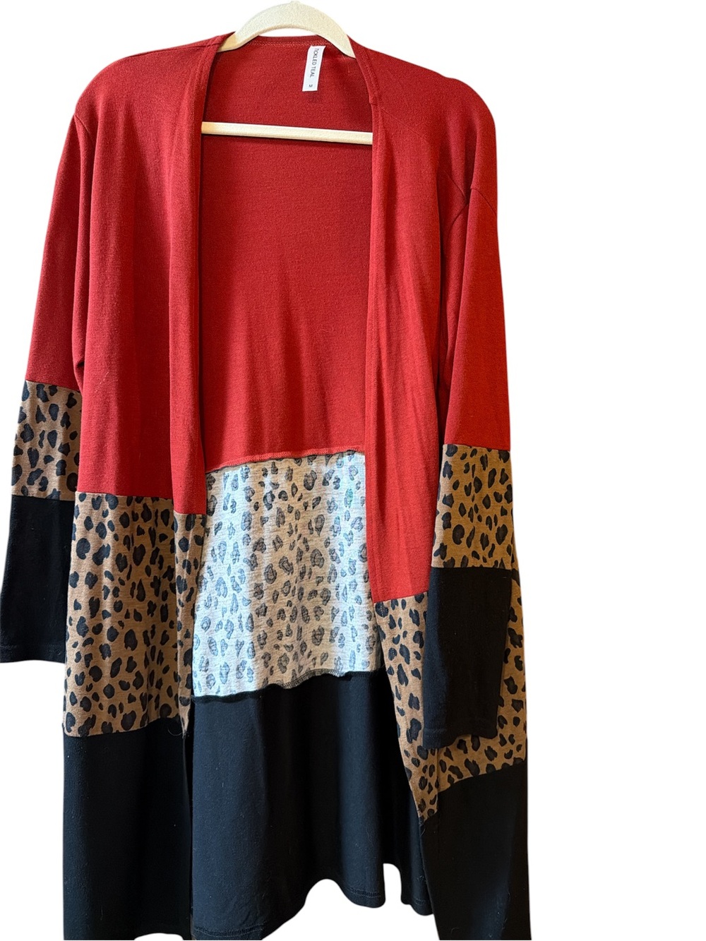 Tickled teal Red Open fall autumn winter Cardigan with Leopard and Black Panels